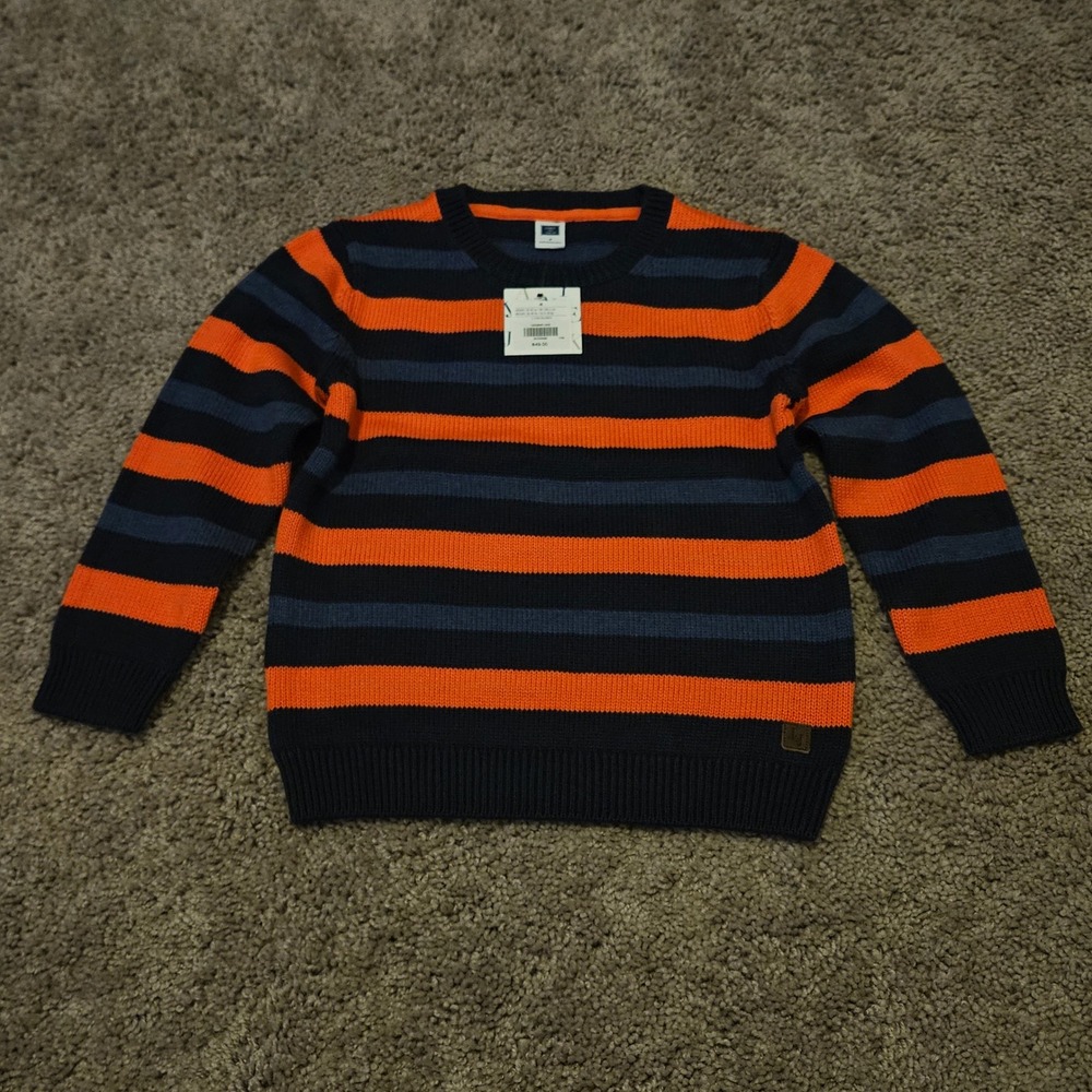 Janie and Jack Striped Sweater Kids 4 Navy Orange NEW Crewneck Cotton Knit